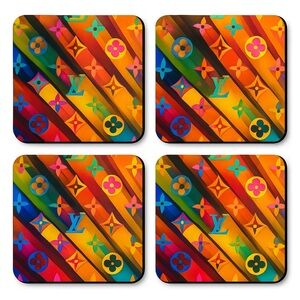 Louis Vuitton LV Logo Colorful Fashion Coaster Set - Set of 4 Glossy Coasters